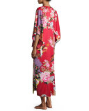 Mikado Floral-Print Lounge Caftan, Black/Russian Red
