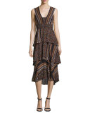 Hayley Sleeveless Tiered Multipattern Midi Dress, Brown/Multicolor
