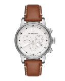 42mm Round Stainless Steel Chronograph Watch with Leather Strap
