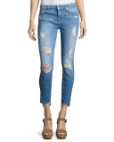 Distressed Ankle Skinny Jeans with Step Hem, Indigo