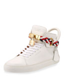 Men's 100mm Leather Mid-Top Sneaker with Woven Strap, White