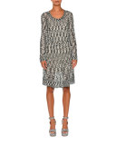 Scoop-Neck Bell-Sleeve Dress, Black/White