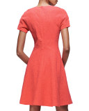 Short-Sleeve Matelasse Fit-&-Flare Dress, Coral