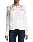 Crochet Lace-Inset Bomber Jacket, White