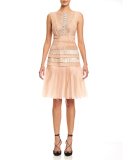 Sleeveless Bateau-Neck Embroidered Dress, Powder Pink
