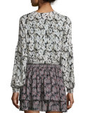 Long-Sleeve Floral Silk Blouse, Black/White
