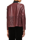 Tansy Cropped Laser-Cut Leather Swing Jacket, Cabernet