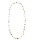 18K Gold Mixed Pearl, Green Sapphire & Aquamarine Necklace, 42"