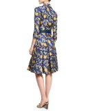 3/4-Sleeve Printed Shirtdress, Marine Blue
