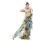 Floral-Print Sleeveless Tiered Organza Gown, Citrine