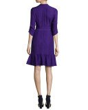 3/4-Sleeve Silk Jacquard Cocktail Dress, Purple