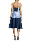 Strapless Colorblock Midi Cocktail Dress, Cornflower/Navy
