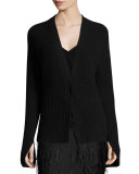 Ribbed Extended-Sleeve Cardigan, Black