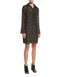 Long-Sleeve Diamond Jacquard Shirtdress, Black