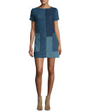 Luna Rosemary Patchwork Denim Shift Dress, Blue Pattern