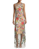 Sleeveless Floral-Applique Gown, Illusion