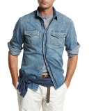 Western-Style Button-Down Denim Shirt, Powder Blue