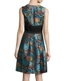 Floral Brocade V-Neck Corset Dress, Blue/Black/Turquoise
