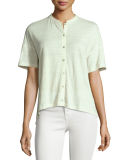 Short-Sleeve Button-Front Linen Jersey Top