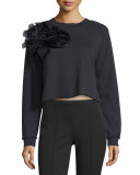 Raw-Edge Floral Appliqué Cropped Sweatshirt