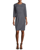 3/4-Sleeve Jewel-Neck Sheath Dress, Navy/Gray