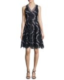 Sleeveless Printed Floral Lace Cocktail Dress, Black/Gunmetal