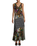Patchwork Floral Silk Maxi Dress, Black
