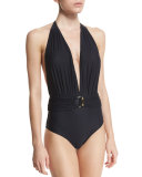 Belted Plunge-Neck One-Piece Swimsuit