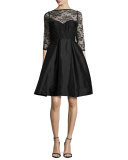3/4-Sleeve Lace-Bodice Full-Skirt Short Dress, Black 