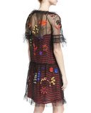 Striped Dress w/Embroidered Tulle Overlay, Black/Multi