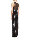 Sequined Panel High-Neck Sleeveless Gown, Blue/Black