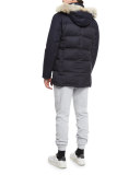 Mixed-Media Quilted Parka w/Fur-Trim Hood, Navy