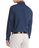 Printed Denim-Effect Herringbone Sport Shirt, Blue