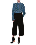 Flat-Front Wide-Leg Cropped Pants, Black