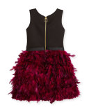Sleeveless Ponte & Feather Dress, Black/Pink, Size 4-6