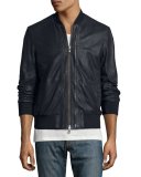 Burnished Leather Bomber Jacket, Dark Blue