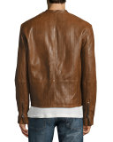 Laser-Cut Leather Racer Jacket, Brown