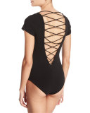 Cat's Cradle Laced-Back Jersey Bodysuit, Black