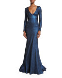 Long-Sleeve Metallic Mermaid Gown, Navy
