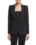 Macey Embellished Strong-Shoulder Blazer, Black