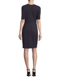 Short-Sleeve V-Neck Ponte Sheath Dress, Navy