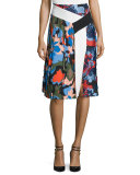Pleated Printed A-Line Skirt, Cornflower Blue