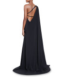 One-Shoulder Draped Strappy-Back Gown, Black