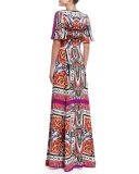 Short-Sleeve Multi-Print Maxi Dress, Magenta