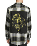 Flannel Plaid Back-Patch Shirt, Black/White/Yellow