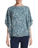 Floral Layered Half-Sleeve Tunic, Blue/Multi