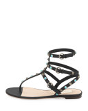 Rockstud Leather Flat Gladiator Sandal, Black/Turquoise/Gold