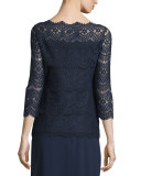3/4-Sleeve Tiered-Lace Blouse, Midnight Blue