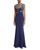 Embroidered-Bodice Mermaid Gown, Navy