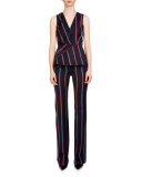 Miles Sleeveless Striped Peplum Top, Navy/Tango